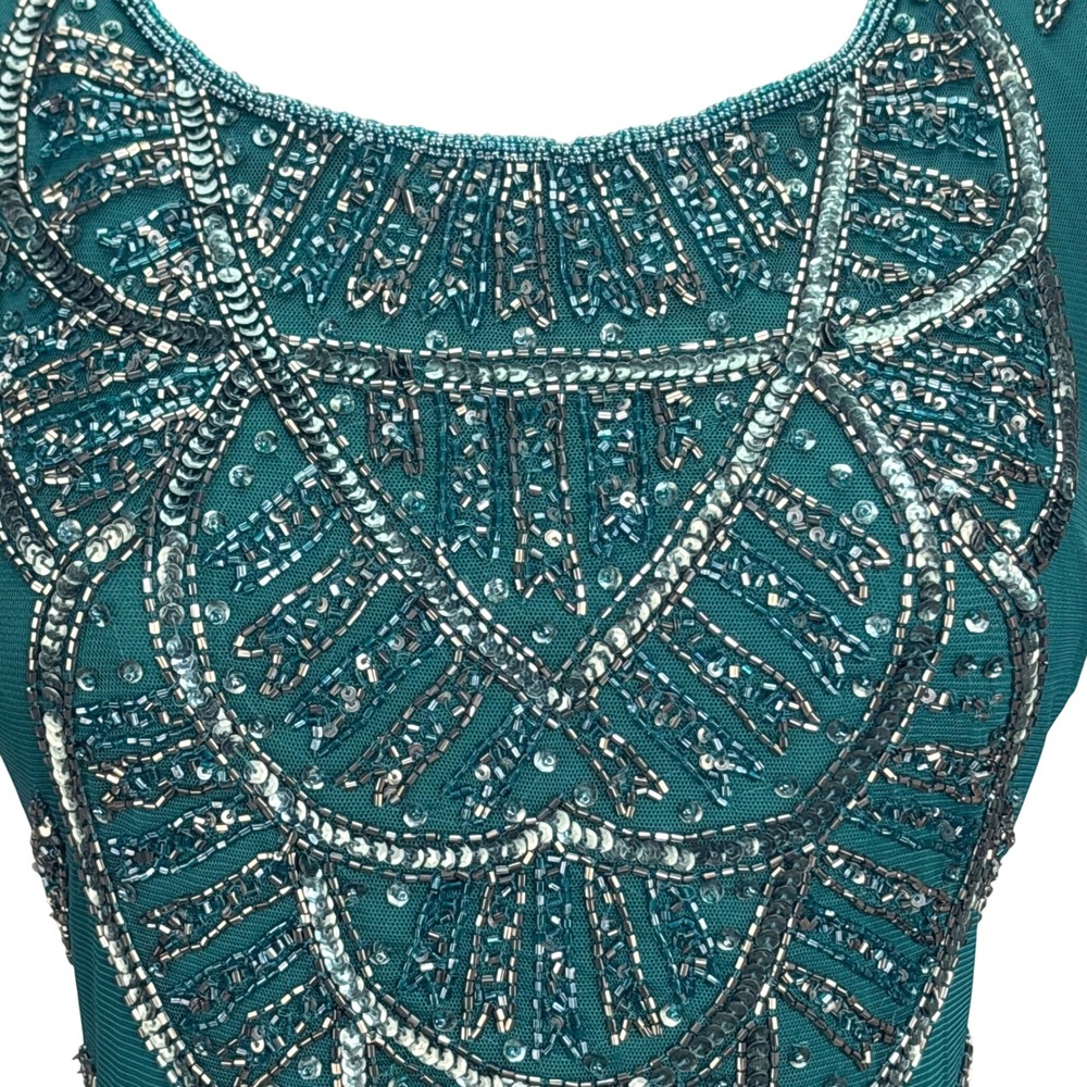 Adrianna Papell Sheath Dress Emerald Green Beaded Sequin Art Deco Women 4 - Picture 7 of 16